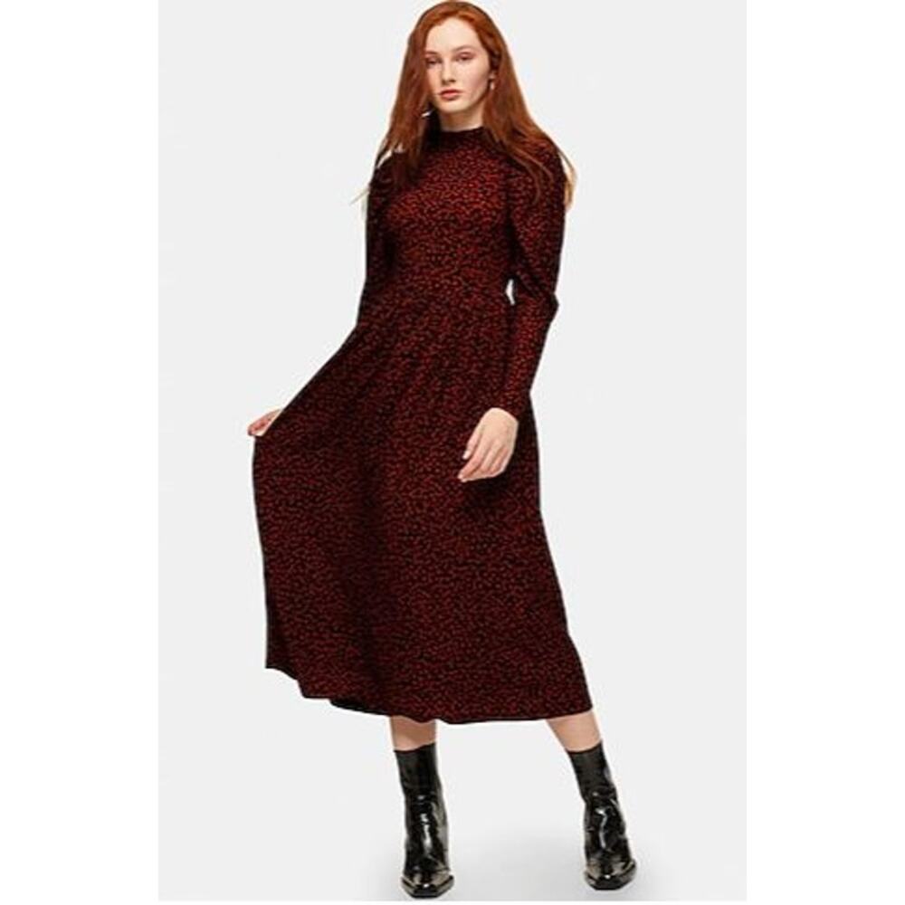 TOPSHOP animal print midi dress Size 4 long sleeve modest NEW leopard